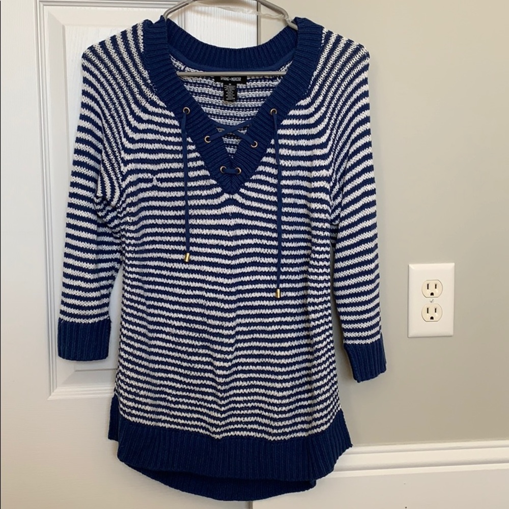 Striped Sweater with Crossed String Design